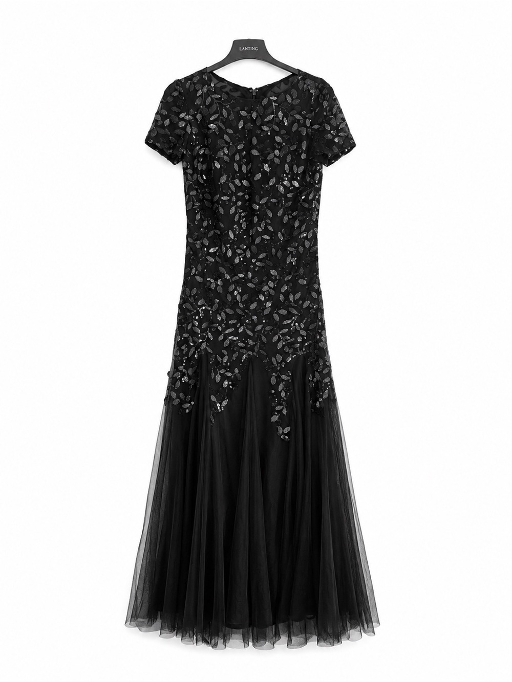 NWT LanTing Bride Black Beaded Floral Mesh Godet Gown Evening Prom Dress Women